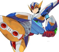 Rule 34 | 1boy, 1girl, 7123ks, android, armor, falcon armor x (mega man), forehead jewel, from below, full body, green eyes, highres, looking at viewer, male focus, mechanical wings, mega man (series), mega man x (series), shoulder armor, sitting, solo, white armor, white footwear, white helmet, wings, x (mega man)