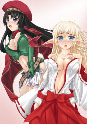 Rule 34 | 2girls, alleyne (queen&#039;s blade), alleyne (queen&#039;s blade) (cosplay), alleyne (queen's blade), beret, black hair, blonde hair, blue eyes, blush, braid, breasts, cape, cleavage, cosplay, costume switch, elbow gloves, elf, fighting master alleyne, gloves, hat, japanese clothes, kimono, kurogane (blackxsilver), large breasts, long hair, miko, multiple girls, musha miko tomoe, open clothes, open kimono, open mouth, pointy ears, purple eyes, queen&#039;s blade, side braid, skirt, tomoe (queen&#039;s blade), tomoe (queen&#039;s blade) (cosplay), tomoe (queen's blade)