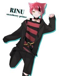 Rule 34 | 1boy, absurdres, animal ears, belt, black footwear, black hair, black hoodie, black pants, black shirt, cat boy, cat ears, character name, closed mouth, copyright name, highres, hood, hoodie, karume, male focus, multicolored hair, multicolored shirt, one eye closed, pants, red hair, red shirt, rinu (stpri), shirt, shoes, short hair, smile, solo, strawberry prince, striped clothes, striped shirt, vertical-striped clothes, vertical-striped shirt, white background, yellow eyes
