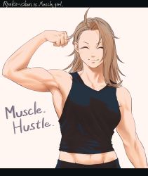 Rule 34 | 1girl, absurdres, armpits, bare shoulders, breasts, brown hair, closed eyes, commentary request, flexing, highres, medium breasts, medium hair, minaka shobu, muscular, muscular female, original, simple background, sleeveless, smile, solo, tank top, upper body