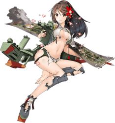 Rule 34 | 10s, 1girl, amagi (kancolle), amagi kai (kancolle), breasts, brown eyes, brown hair, cleavage, full body, hair ornament, kantai collection, kuuro kuro, large breasts, long hair, looking at viewer, machinery, miniskirt, mole, mole under eye, navel, official art, ponytail, shoes, single shoe, skirt, solo, torn clothes, transparent background