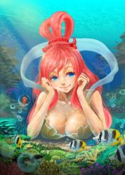 Rule 34 | 1boy, 1girl, black hair, blue eyes, breasts, bubble, head rest, cleavage, coal, fish, fishman island, giant, giantess, hat, indian style, long hair, mermaid, monkey d. luffy, monster girl, ocean, one piece, open clothes, open shirt, pink hair, scar, shirahoshi, shirt, sitting, size difference, smile, straw hat, underwater, water