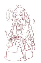 Rule 34 | 1girl, blush, braid, breath, chabatake yunomi, dress, hair ornament, highres, jacket, kizuna akari, long hair, long sleeves, looking up, monochrome, open clothes, open jacket, open mouth, peeing, potty, shoes, sleeves past wrists, squatting, steam, tears, thighhighs, trembling, twin braids, voiceroid