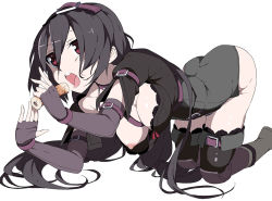 Rule 34 | 1girl, belt, black gloves, black hair, black thighhighs, breasts, elbow gloves, fingerless gloves, food, frilled thighhighs, frills, gloves, kneeling, long hair, multiple belts, nipples, open mouth, purple eyes, ring dream, sexually suggestive, shadow hosono, simple background, solo, thighhighs, tongue, tori0714, white background
