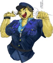 Rule 34 | 1boy, animal ears, bara, blue shirt, bursting pectorals, chest tuft, collared shirt, commentary request, cropped torso, cuffs, dog boy, dog ears, facial tattoo, fangs, furry, furry male, handcuffs, hat, large pectorals, looking at viewer, male focus, muscular, muscular male, nobumichi (housamo), open mouth, pawpads, pectorals, police, police hat, police uniform, policeman, s-skio, shirt, simple background, smile, solo, tattoo, thick eyebrows, tokyo houkago summoners, uniform, whistle, white background, yellow eyes, yellow fur