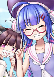 Rule 34 | 2girls, ahoge, ascii art, bare arms, bare shoulders, blue hair, blunt bangs, brown hair, closed eyes, collar, collarbone, collared shirt, commentary, covering own mouth, day, double v, facing viewer, grin, hands up, headgear, highres, holding, holding paper, japanese clothes, kimono, looking at viewer, multiple girls, neckerchief, not makigai, otomachi una, otomachi una (talkex), outdoors, paper, purple headwear, purple shirt, red-framed eyewear, sailor collar, semi-rimless eyewear, shirt, sleeveless, sleeveless shirt, smile, talkex, touhoku kiritan, twintails, upper body, v, vocaloid, voiceroid, white collar, white kimono, white neckerchief
