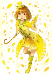 Rule 34 | 1girl, absurdres, blush, boots, bottle, bracelet, breasts, brown eyes, c.c. lemon, c.c. lemon (character), commentary request, copyright name, dress, full body, green socks, hat, hat leaf, highres, holding, holding bottle, holding staff, jewelry, kneehighs, light brown hair, looking at viewer, medium breasts, mini hat, open mouth, sakimori (hououbds), short hair, smile, socks, solo, staff, yellow dress, yellow footwear, yellow hat, yellow theme