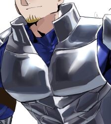 Rule 34 | 003 ssq, 1boy, adam&#039;s apple, armor, bara, blue bodysuit, bodysuit, breastplate, brown hair, close-up, facial hair, goatee, grey armor, head out of frame, highres, large pectorals, male focus, mature male, muscular, muscular male, original, pauldrons, pectoral focus, pectorals, short hair, shoulder armor, skin tight, solo