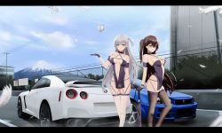 Rule 34 | 2girls, absurdres, azur lane, bird, car, falling feathers, feathers, fence, highres, incredibly absurdres, kcar66t, letterboxed, long hair, looking at viewer, mole, mole under eye, motor vehicle, mountain, multiple girls, nissan, nissan gt-r, nissan skyline, nissan skyline gt-r, nissan skyline r34, official alternate costume, product placement, race queen, racetrack, shoukaku (azur lane), shoukaku (sororal wings) (azur lane), thighhighs, vehicle focus, zuikaku (azur lane), zuikaku (the wind&#039;s true name) (azur lane)