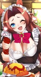 Rule 34 | 1girl, absurdres, animal ears, blurry, blurry background, blush, breasts, brown hair, carrot, cleavage, commentary request, drink, food, heart, highres, horse ears, kawakami princess (umamusume), ketchup, large breasts, long hair, looking at viewer, maid, maid headdress, maou (maoudaisukiya), one eye closed, open mouth, plate, solo, squishing, umamusume
