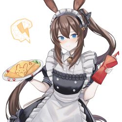 Rule 34 | 1girl, a iri a, alternate costume, amiya (arknights), animal ears, apron, arknights, bell, black dress, blue eyes, blush, brown hair, dress, food, frilled apron, frilled dress, frills, hair between eyes, hair ribbon, highres, holding, holding plate, ketchup, ketchup bottle, long hair, maid headdress, omelet, omurice, plate, ponytail, rabbit ears, ribbon, short sleeves, sidelocks, simple background, smile, solo, white apron, white background