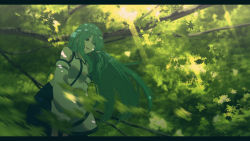 Rule 34 | 1girl, blue ribbon, blue skirt, blurry, blurry foreground, branch, breasts, collared shirt, commentary, dappled sunlight, detached sleeves, floating hair, forest, frog hair ornament, green eyes, green hair, green skirt, green theme, hair ornament, hair tubes, highres, irohasu (sasagarasu), kochiya sanae, leaning forward, letterboxed, light rays, long hair, looking at viewer, nature, outdoors, parted lips, ribbon, ribbon-trimmed sleeves, ribbon trim, shirt, sidelocks, skirt, sleeveless, sleeveless shirt, sleeves past fingers, sleeves past wrists, small breasts, smile, snake hair ornament, solo, sunlight, touhou, tree, tree shade, very long hair, white shirt, wind, wing collar