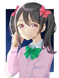 Rule 34 | 1girl, adjusting hair, artist name, artist request, black hair, blue sky, blush, bow, bowtie, breasts, cardigan, collared shirt, female focus, green bow, green bowtie, hair between eyes, hair bow, hair over shoulder, highres, jacket, long hair, long sleeves, looking at viewer, love live!, love live! school idol project, night, night sky, otonokizaka school uniform, parted lips, pink cardigan, pink jacket, pink shirt, playing with own hair, red bow, red eyes, school uniform, shirt, short hair, short twintails, sky, small breasts, smile, solo, star (sky), striped bow, striped bowtie, striped clothes, twintails, upper body, white background, yazawa nico
