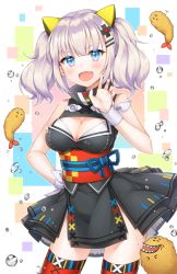 Rule 34 | 1girl, :d, bare shoulders, black dress, blue eyes, blush, breasts, claw pose, cleavage, cleavage cutout, clothing cutout, commentary request, dress, fang, flying sweatdrops, food, hair ornament, hairclip, hand on own hip, hand up, kaguya luna, large breasts, looking at viewer, obi, open mouth, pong (vndn124), red thighhighs, sash, shrimp, shrimp tempura, sidelocks, silver hair, smile, solo, tempura, the moon studio, thighhighs, twintails, v-shaped eyebrows, virtual youtuber, water drop