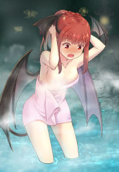Rule 34 | 1girl, arms up, black wings, blush, braid, breasts, censored, censored nipples, convenient censoring, d:, fang, french braid, haniwa (leaf garden), head wings, highres, koakuma, long hair, looking down, medium breasts, naked towel, onsen, open mouth, red eyes, red hair, solo, standing, steam, steam censor, touhou, towel, wading, water, wings