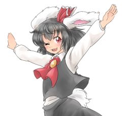 Rule 34 | 1girl, animal ears, bad id, bad pixiv id, black hair, bow, cosplay, female focus, hair bow, hair ribbon, inaba tewi, long sleeves, makoto na, mana (gooney), one eye closed, outstretched arms, rabbit ears, rabbit girl, rabbit tail, red eyes, ribbon, rumia, rumia (cosplay), short hair, skirt, solo, tail, touhou, wink