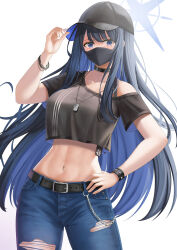 Rule 34 | 1girl, absurdres, alternate costume, arikawa rui, baseball cap, belt, black choker, black hair, black hat, black shirt, blue archive, blue eyes, blue hair, blue pants, bra strap, chain, choker, colored inner hair, cowboy shot, crop top, crop top overhang, dog tags, halo, hand on headwear, hand on own hip, hand up, hat, highres, long hair, looking at viewer, mask, midriff, mouth mask, multicolored hair, navel, off shoulder, pants, saori (blue archive), shirt, short sleeves, solo, standing, stomach, torn clothes, torn pants, two-tone hair, very long hair, wristband