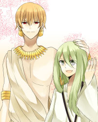 Rule 34 | 2boys, androgynous, blonde hair, bracelet, earrings, enkidu (fate), fate/stay night, fate/strange fake, fate/zero, fate (series), gilgamesh (fate), green eyes, green hair, hand on another&#039;s head, highres, jewelry, long hair, male focus, multiple boys, necklace, open mouth, red eyes, short hair, smile, tanuma (tanuma916), toga, topless male, trap