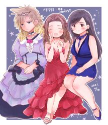 Rule 34 | 1boy, 2girls, aerith gainsborough, bare arms, black hair, blonde hair, blue dress, blue eyes, blue footwear, border, bracelet, breasts, brown eyes, brown hair, choker, cleavage, closed eyes, cloud strife, crescent, crescent earrings, crossdressing, dated, dress, earrings, final fantasy, final fantasy vii, final fantasy vii remake, flamenco dress, frilled dress, frills, full body, hair ribbon, half-closed eyes, hapiko (hiyamugi 5555), jewelry, long dress, long hair, looking at viewer, medium breasts, multiple girls, nail polish, necklace, official alternate costume, open mouth, own hands together, parted bangs, pendant choker, purple background, purple dress, red dress, red nails, red ribbon, ribbon, ribbon choker, short dress, side slit, sidelocks, sitting, smile, spiked hair, square enix, straight hair, strapless, strapless dress, tiara, tifa lockhart, tifa lockhart (refined dress), toeless footwear, toenail polish, toenails, v, wall market, wavy hair, white border, white footwear