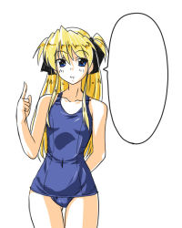 Rule 34 | 1girl, aflo aikawa, bare shoulders, blank speech bubble, blonde hair, blue eyes, hair ribbon, long hair, one-piece swimsuit, pointing, pointing up, quiz magic academy, ribbon, school swimsuit, shalon, simple background, solo, speech bubble, swimsuit, white background