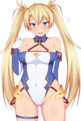 Rule 34 | bare shoulders, blonde hair, blue eyes, blue leotard, bradamante (fate), bradamante (first ascension) (fate), braid, breasts, covered navel, cowboy shot, elbow gloves, fate/grand order, fate (series), french braid, gloves, highleg, highleg leotard, highres, leotard, long hair, looking at viewer, medium breasts, multicolored clothes, multicolored leotard, simple background, solo, twintails, very long hair, white background, white gloves, white leotard, zack (haiuinndo)