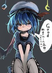 Rule 34 | 1girl, absurdres, blue hair, english text, female focus, grey background, hat, highres, japanese text, kaamin (mariarose753), looking at viewer, mob cap, red eyes, remilia scarlet, simple background, sitting, smile, solo, touhou, v arms, wings