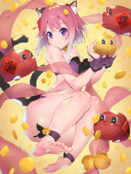 Rule 34 | 1girl, animal ear fluff, animal ears, bare shoulders, barefoot, bell, blush, cat ears, cat girl, cat tail, coin, gold coin, heart, heart-shaped pupils, highres, jingle bell, looking at viewer, motion blur, multicolored hair, neck bell, princess connect!, purple eyes, short hair, smile, soles, solo, split mouth, swimsuit, symbol-shaped pupils, tail, tamaki (princess connect!), tamaki (summer) (princess connect!), thighs, toes, waterring