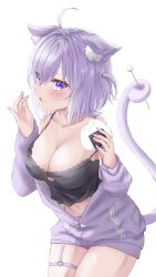 Rule 34 | 1girl, absurdres, ahoge, animal ear fluff, animal ears, black camisole, blush, breasts, camisole, cat cutout, cat ears, cat girl, cat tail, cleavage, cleavage cutout, clothing cutout, food, food on face, heart o-ring, highres, holding, holding food, holding with tail, hololive, jacket, large breasts, medium hair, mimikaki, nail polish, nekomata okayu, nekomata okayu (7th costume), o-ring, o-ring thigh strap, official alternate costume, onigiri, open clothes, open jacket, open mouth, prehensile tail, purple eyes, purple hair, purple jacket, purple nails, purple shorts, rice, rice on face, shorts, solo, tail, thigh strap, two side up, virtual youtuber, yuzu hirari