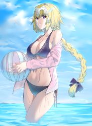 Rule 34 | 1girl, absurdres, bad id, bad pixiv id, ball, bare shoulders, beachball, bikini, black bikini, black bow, blonde hair, blue sky, bow, braid, breasts, cleavage, closed mouth, collarbone, commentary request, day, fate/apocrypha, fate/grand order, fate (series), front-tie bikini top, front-tie top, groin, hair between eyes, hair bow, headpiece, highres, holding, holding ball, horizon, jacket, jeanne d&#039;arc (fate), jeanne d&#039;arc (ruler) (fate), jeanne d&#039;arc (white cruising) (fate), large breasts, long hair, long sleeves, looking at viewer, ocean, off shoulder, open clothes, open jacket, outdoors, pink jacket, purple eyes, side-tie bikini bottom, single braid, sky, smile, solo, suzuharu toufu, swimsuit, transparent, very long hair, wading, water, wet