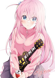 Rule 34 | 1girl, absurdres, bocchi the rock!, can, coca-cola, cola, commentary request, crossed bangs, cube hair ornament, drink, electric guitar, gotoh hitori, guitar, hair between eyes, hair ornament, hair over shoulder, highres, holding, holding can, holding drink, instrument, jacket, long hair, looking at viewer, pink hair, pink jacket, pink track suit, pleated skirt, purple skirt, seiza, shadow, shigure (sigre), sidelocks, simple background, sitting, skirt, sleeves past wrists, solo, track jacket, very long hair, white background, zipper pull tab