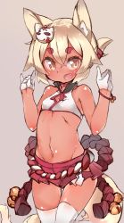 Rule 34 | 1girl, animal ears, bare shoulders, bell, blonde hair, blush, breasts, eyebrows, fang, fox ears, fox tail, gloves, hair ornament, half gloves, hikimayu, jingle bell, microskirt, navel, open mouth, original, revision, rope, shimenawa, short hair, simple background, skirt, small breasts, smile, solo, tail, thighhighs, tomcat (moconeko), white gloves, white thighhighs, yellow eyes, zettai ryouiki