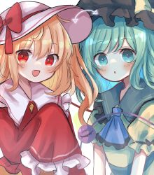 Rule 34 | 2girls, :d, :o, adapted costume, ascot, black headwear, blonde hair, blue ascot, bow, dorowa (drawerslove), fang, flandre scarlet, green eyes, green hair, hat, hat bow, highres, komeiji koishi, long sleeves, looking at viewer, mob cap, multiple girls, open mouth, red bow, red eyes, short sleeves, simple background, smile, third eye, touhou, upper body, white background, white headwear
