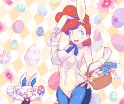 Rule 34 | 1boy, 1girl, akie (saru getchu), animal ears, blue eyes, breasts, cleavage, detached collar, earrings, easter, fake animal ears, jewelry, large breasts, leotard, long hair, looking at viewer, open mouth, pantyhose, playboy bunny, pompadour, rabbit ears, rabbit tail, saru getchu, saru jia, smile, specter (saru getchu), strapless, strapless leotard, tail