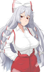 Rule 34 | 1girl, blush, bow, breasts, bunsuirei, collarbone, collared shirt, commentary, cowboy shot, fujiwara no mokou, grey hair, hair bow, hands in pockets, head tilt, highres, large breasts, long hair, long sleeves, looking at viewer, multiple hair bows, ofuda, ofuda on clothes, open mouth, pants, parted bangs, pocket, red eyes, red pants, shiny skin, shirt, simple background, smile, solo, stomach, suspenders, touhou, v-shaped eyebrows, variant set, very long hair, white background, white shirt, wing collar