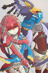Rule 34 | 1boy, 1girl, aisawa natsu, bird, blush, colored skin, fins, fish girl, green eyes, hair ornament, highres, jewelry, long hair, mipha, monster girl, multicolored skin, nintendo, no eyebrows, red hair, red skin, revali, rito, smile, the legend of zelda, the legend of zelda: breath of the wild, yellow eyes, zora