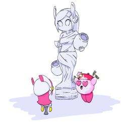 Rule 34 | artist kirby, chisel, dust, footbol-helmoot, hammer, heart, heart-shaped eyes, kirby, kirby: planet robobot, kirby (series), marble (stone), marble sculpture, nintendo, pink hair, rayman limbs, robe, simple background, statue, susie (kirby), vase, white background