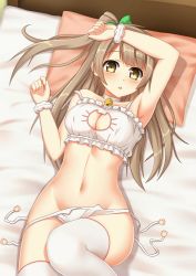 Rule 34 | 10s, 1girl, alternate costume, armpits, bare shoulders, bed, bell, blush, bow, breasts, brown hair, cat cutout, cat ear panties, cat lingerie, choker, cleavage, cleavage cutout, clothing cutout, eyebrows, green bow, groin, hair bow, highres, jingle bell, kurisu-kun, large breasts, long hair, looking at viewer, love live!, love live! school idol project, lying, meme attire, minami kotori, navel, neck bell, on back, on bed, one side up, open mouth, panties, paw print, pillow, scrunchie, side-tie panties, solo, stomach, strap slip, thighhighs, underwear, underwear only, untied panties, white panties, white thighhighs, wrist scrunchie, yellow eyes