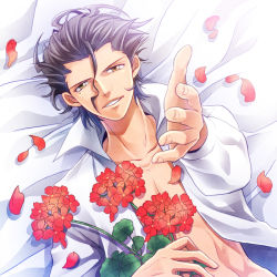 Rule 34 | 1boy, ahoge, black hair, casual, diarmuid ua duibhne (lancer) (fate), fate/zero, fate (series), flower, jin akhr, looking at viewer, male focus, mole, mole under eye, open clothes, open shirt, outstretched hand, petals, shirt, solo, yellow eyes