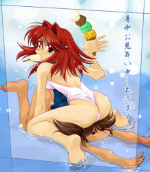 Rule 34 | 2girls, ass, barefoot, brown hair, eyebrows hidden by hair, food, hair intakes, highres, ice cream, mouth hold, multiple girls, one-piece swimsuit, original, popsicle, ranbu hararin, red eyes, red hair, retro artstyle, shochuumimai, short hair, sitting, sitting on head, sitting on person, soles, submerged, swimsuit, toes, wariza