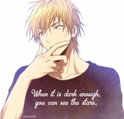 Rule 34 | 1boy, black shirt, blonde hair, collarbone, commentary request, earrings, english text, hair between eyes, hand up, jewelry, kise ryouta, kuroko no basuke, looking to the side, male focus, mashima shima, print shirt, shirt, short hair, short sleeves, simple background, solo, starry sky print, twitter username, upper body, white background, yellow eyes