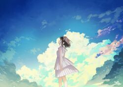 Rule 34 | 1girl, arms at sides, blue sky, booota, brown eyes, brown hair, closed mouth, cloud, cloudy sky, day, dress, layered dress, looking up, original, outdoors, pleated dress, profile, short hair, sidelocks, signature, sky, sleeveless, sleeveless dress, solo, white dress, wide shot