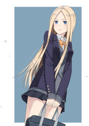 Rule 34 | 1girl, abigail williams (fate), absurdres, alternate costume, bag, black skirt, blazer, blonde hair, blouse, blue background, blue eyes, blue jacket, bow, bowtie, closed mouth, collared shirt, commentary request, contemporary, eyes visible through hair, fate/grand order, fate (series), forehead, grey sweater, highres, holding, holding bag, jacket, k-ya., long hair, long sleeves, miniskirt, open clothes, open jacket, orange bow, orange bowtie, parted bangs, pleated skirt, school bag, school uniform, shirt, skirt, sleeves past wrists, solo, sweater, two-tone background, v arms, very long hair, white background, white shirt