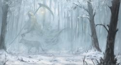 Rule 34 | anato finnstark, death (entity), forest, from side, ghost, highres, holding, holding scythe, lantern, nature, original, scythe, snow, tree, white theme, wolf