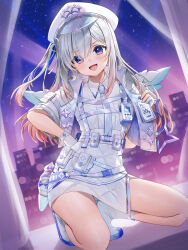 1girl :d absurdres amane_kanata amane_kanata_(heavenly_guard_mission) angel_wings blue_hair blue_wings boots chest_harness collared_dress colored_inner_hair colored_shoe_soles commentary_request dress feathered_wings gloves gradient_hair gradient_wings grey_hair hair_over_one_eye harness hat highres hololive jacket kneeling long_hair looking_at_viewer mini_wings multicolored_hair multicolored_wings necktie night official_alternate_costume official_alternate_hairstyle one_side_up open_mouth partially_fingerless_gloves peaked_cap pink_hair police police_hat police_uniform policewoman quilted_clothes runlan_0329 short-sleeved_jacket short_dress short_sleeves side_slit sidelocks smile solo straight-on virtual_youtuber walkie-talkie white_boots white_dress white_gloves white_hat white_jacket white_necktie white_wings wings