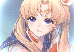 Rule 34 | 1girl, 8rats, bishoujo senshi sailor moon, blonde hair, blue eyes, blue sailor collar, breasts, choker, cleavage, commentary request, crescent, crescent earrings, derivative work, diadem, earrings, freckles, hair bun, heart, heart choker, jewelry, long hair, meme, red choker, sailor collar, sailor moon, sailor moon redraw challenge (meme), sailor senshi, sailor senshi uniform, screenshot redraw, single hair bun, solo, tsukino usagi, twintails, upper body