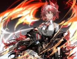 Rule 34 | 1girl, absurdres, arknights, bird girl, bird tail, black gloves, black jacket, black skirt, bright pupils, chinese commentary, collared shirt, commentary request, cowboy shot, feather hair, fiammetta (arknights), fire, gloves, gradient background, grey background, gun, high-waist skirt, highres, holding, holding gun, holding weapon, jacket, long sleeves, looking at viewer, necktie, off shoulder, open clothes, open jacket, parted lips, red eyes, red hair, red necktie, shirt, short hair, skirt, solo, supercalifraglistcexpialidocio, suspender skirt, suspenders, tail, weapon, white shirt