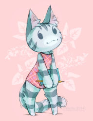 Rule 34 | animal crossing, book, book on lap, cat, holding, holding book, leaf, leaf background, lolly (animal crossing), nintendo, pink background, standing, xintetsu