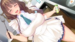 Rule 34 | 1girl, apron, blush, braid, breasts, brown hair, closed eyes, cooking, egg, eyebrows hidden by hair, female focus, fried egg, game cg, happy, holding, indoors, kitchen, large breasts, legs, long hair, necktie, nonomiya minori, open mouth, original, school uniform, shiokonbu, single braid, sister lesson, skirt, smile, solo, spatula, standing, thighs