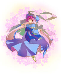 Rule 34 | 1girl, blue bow, blue hat, blue kimono, bow, breasts, brown footwear, commentary request, flower, frilled kimono, frilled sleeves, frills, full body, hair between eyes, hat, highres, iwaserie, japanese clothes, kimono, long sleeves, looking at viewer, medium breasts, medium hair, mob cap, neck ribbon, obi, one eye closed, pink eyes, pink flower, pink hair, ribbon, saigyouji yuyuko, sandals, sash, sleeve garter, socks, solo, touhou, triangular headpiece, white socks, wide sleeves, yellow ribbon, zouri