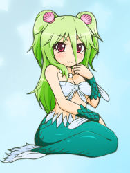 Rule 34 | 1girl, bad id, bad pixiv id, fins, fish tail, green hair, jewelry, long hair, mermaid, monster girl, muromi-san, namiuchigiwa no muromi-san, necklace, red eyes, scales, seashell, shell, smile, solo, tail, twintails, two side up, yami 0228